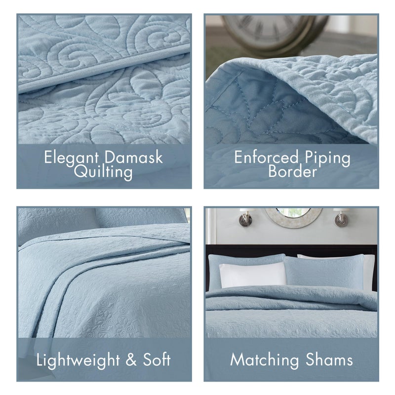 Madison Park Quebec Quilt Set - Luxurious Damask Stitching Design, Cotton Filled Lightweight Coverlet Bedspread Bedding, Shams, Full/Queen(90"x90"), Blue 3 Piece - Image 4
